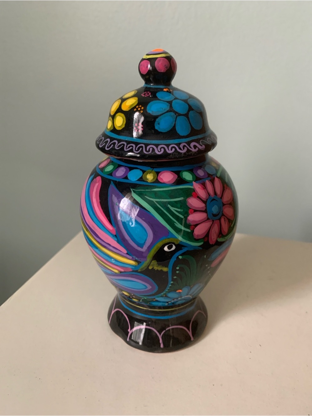Hand-Painted Black Multicolor Decorative Vase with Lid